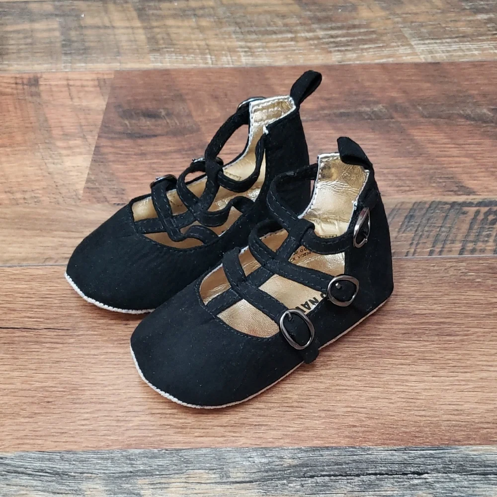 Old Navy Black Triple Strap Faux Suede Ballet Flats, Size 12-18 Months